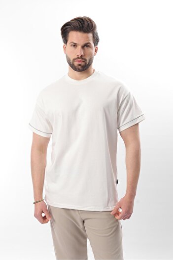 Madmext Ecru Crew Neck Shepherd Stitched Overfit Men's T-Shirt E7103