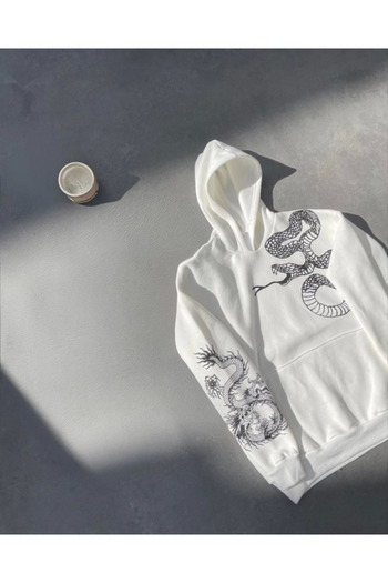 REKA MODA Long Sleeve Hooded Printed Sweatshirt - White