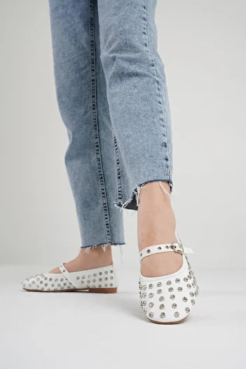 Beyond Balerini din piele alb Disco Stone de damă 1cm Bynddsc01