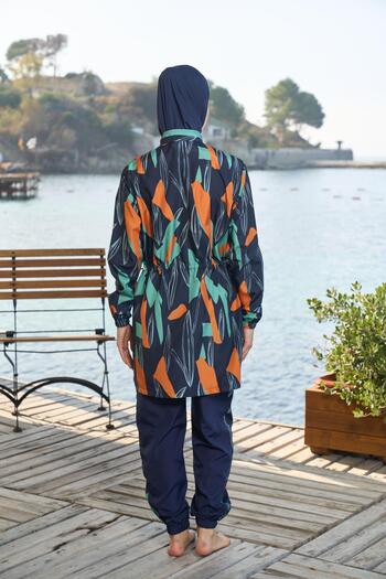 Estiva   Women's Full Covered Zippered Geometric Patterned Hijab Swimsuit Navy Blue