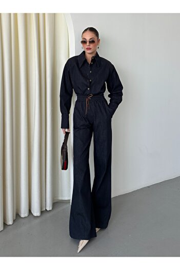 Laluvia Navy Blue Bonn Shirt Pants Denim Set - 901115