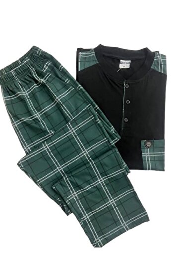 Tarık Men's 100% Cotton Combed Half Button Plaid Pattern Pocket Short Sleeve Pajama Set