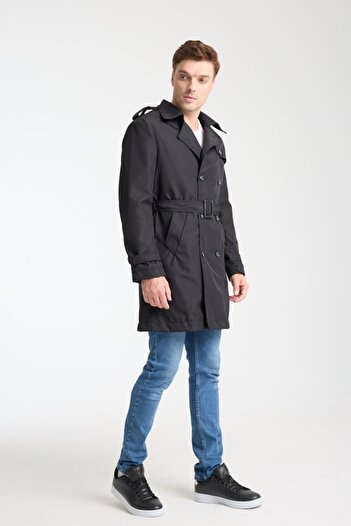 İLKCET MODA Erkek Siyah Su Geçirmez Regular Trençkot