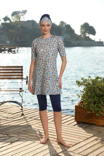 Estiva   Women's Bonnet Half Sleeve Digital Patterned Tights Swimsuit Navy Blue