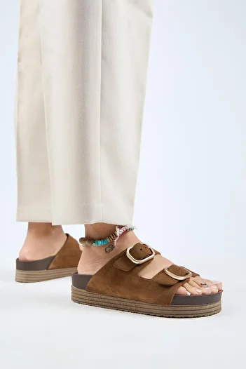 Manijero Alexa Women's Leather Genuine Leather Double Buckle Platform Tan Slippers