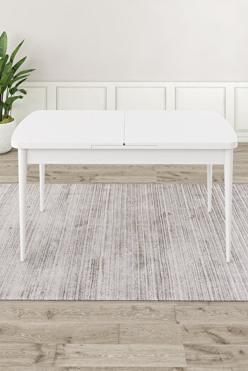 Canisa Roz Serisi 80x132 Mdf Açılabilir Beyaz Mutfak Masası Takımı 6 Gold Halkalı Gri Sandalye