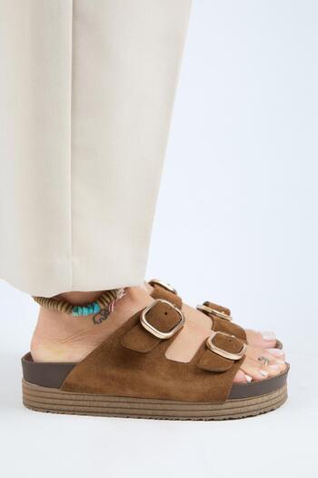 Manijero Alexa Women's Leather Genuine Leather Double Buckle Platform Tan Slippers