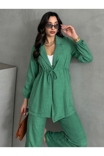 MD trend Women's Linen Waist Drawstring Jacket and Palazzo Pants Two Piece Set