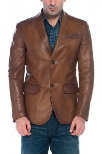 DeriWork Genuine Lambskin Leather Jacket with Button Detail, Tan
