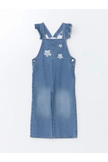 LC Waikiki Lcw Kids Blue Square Collar Embroidered Girl's Jean Salopet Dress