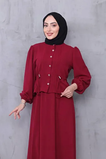 QUAWEAR Crew Neck Waist Lace up Gathered Front Pleated Detailed Shirt and Skirt Two Piece Set