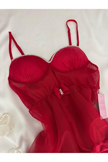 MH Moony Homewears Boxed Red Velvet Luxury Stone Detail Nightgown