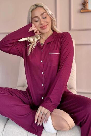 Pijamaevi Plum Dublin Front Buttoned Long Sleeve Women's Pajamas Set