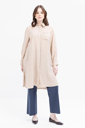 ALLDAY Beige-Stripe Lace Detailed Large Size Modal Shirt