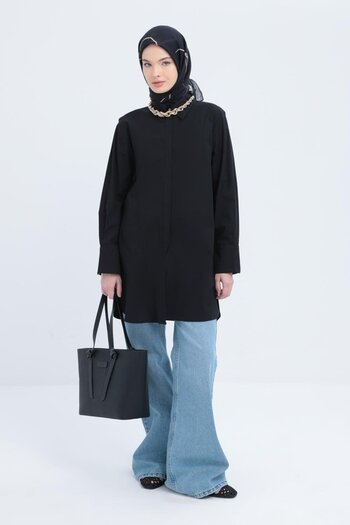 ALLDAY Πουκάμισο Lycra Poplin με μαύρη μανσέτα με λεπτομέρεια σχισμής