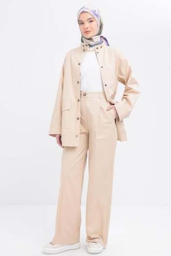 ALLDAY Beige-Pleated Lycra Wide Leg Trousers