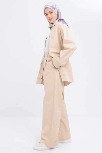 ALLDAY Beige-Pleated Lycra Wide Leg Trousers