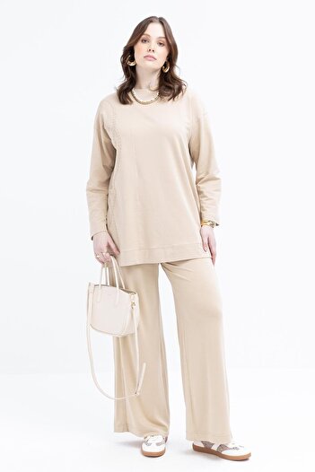 ALLDAY Beige-Embroidered Crew Neck Lycra Plus Size Tunic