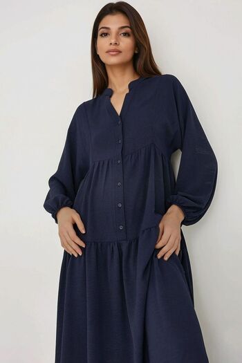 Hiccup Button Detailed Textured Long Sleeve V Neck Modest Dress