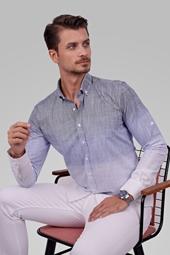Etikmen Panolu Mavi Gri Geçişli Keten Slimfit Erkek Gömlek