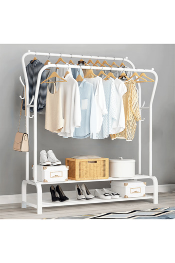 COOYA Metal Double Clothes Rack, With Hooks, Base, 110x34x148cm, Hanger for Hanging Clothes, White