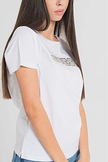Guess Tricou alb pentru femei cu guler rotund - W4RI30I3Z14-G011