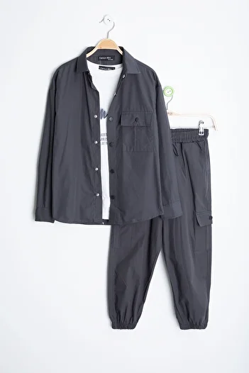 Cansın Mini Smoked Lettered T-Shirt and Parachute Shirt Boy's 3-Piece Bottom Top Set 20540