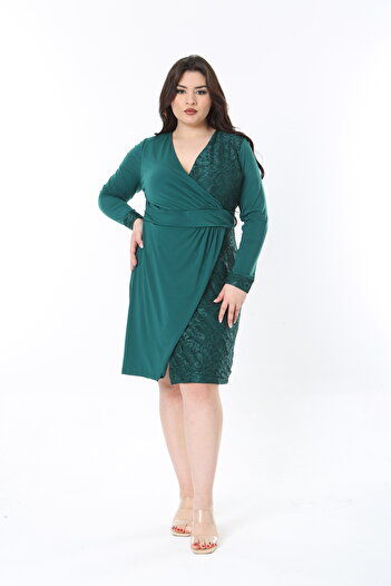 Şans Women's Plus Size Green Lace Detailed Long Sleeve Wrap Dress 65N38848