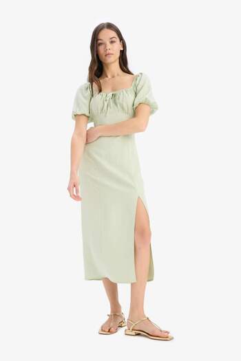 DeFacto A-Line V-Neck Linen Blend Slit Short Sleeve Midi Summer Dress F0534Ax25Sm