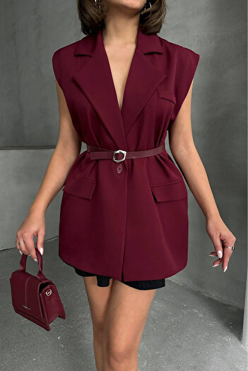 Neşeli Butik Women's Loose Belt Sleeveless Blazer Jacket Nbg076