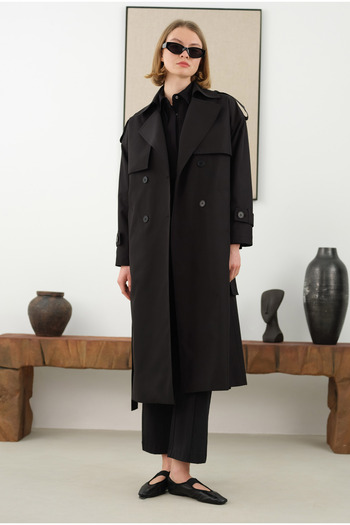 HEQA Long Classic Trench Coat - Black