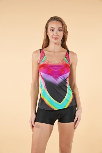 Estiva Wave Pattern Short Tankini - Colorful Black Swimsuit