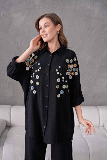MVStore Γυναικείο πουκάμισο και παντελόνι με φλοράλ μοτίβο κεντημένο λινό oversize