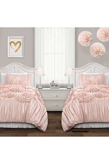 erorex Serena Comforter Set 2 Piece Set Twin Xl Blush Ruched Ruffled Flower Design Ruffle Bedding Set For