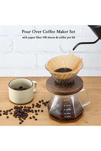 erorex Pour Over Coffee Maker Set, 600Ml Glass Coffee Pot, Glass Coffee Dripper Wood Stand Drippe,