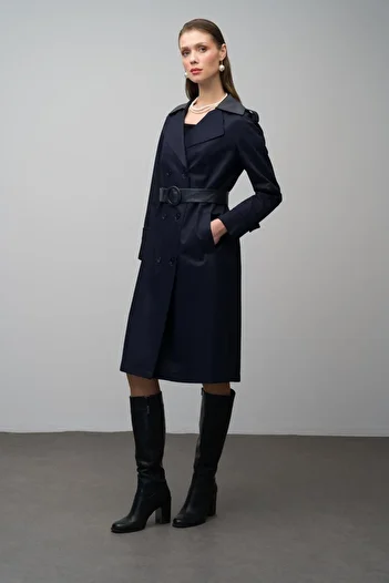 Olcay Navy Blue 6618 - Αδιάβροχη δερμάτινη καμπαρντίνα με λεπτομέρεια Punto