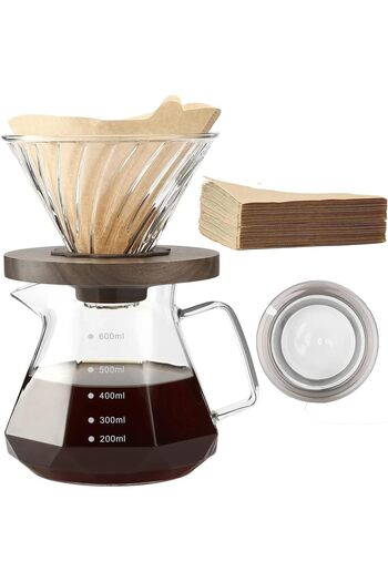 erorex Pour Over Coffee Maker Set, 600Ml Glass Coffee Pot, Glass Coffee Dripper Wood Stand Drippe,