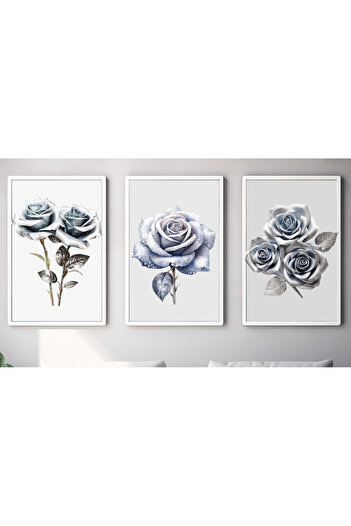 Hiras Dizayn 3 Piece Poster Set Silver Gray Roses Flower Living Room Decorative Art Painting 3 Sizes Frameless Wall Decor