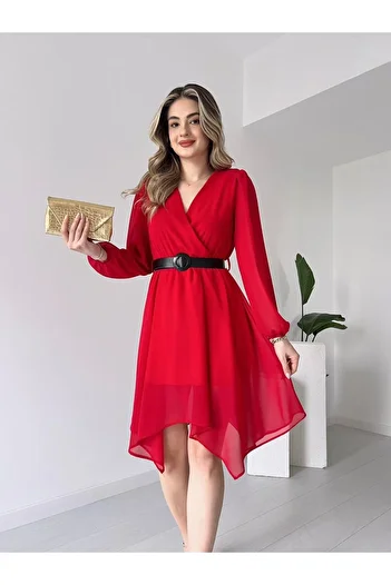 hiraz fashion Women's Red Belt Double Breasted Neckline Chiffon Dress