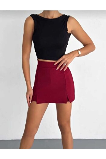 Butik Merrline Kadın Bordo Premium Jakarlı Kumaş Çift Yıtmaçlı Şhort Etek