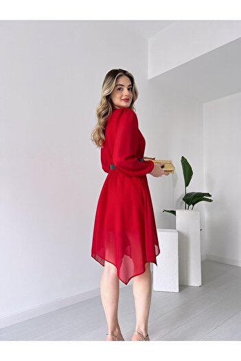 hiraz fashion Women's Red Belt Double Breasted Neckline Chiffon Dress