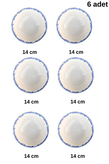 porselenden Antique Baby Blue 6 kişilik 14 cm Özel Tasarım Premium Porselen Çorba Kasesi Takımı Mavi