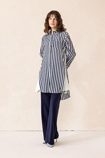 Olcay Striped Tunic with Zipper and Pleat on the Sides Dark Blue 9830