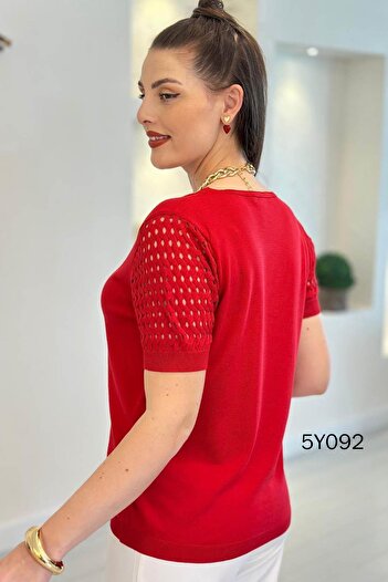İnce Topuk Kolları Ajurlu Çelik Triko Bluz 5y092