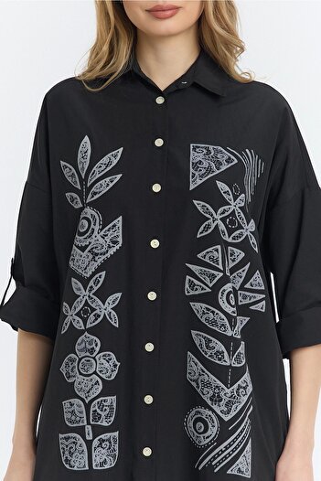 SUMEF Cămașă oversize pentru femei cu imprimeu floral chilian - Negru