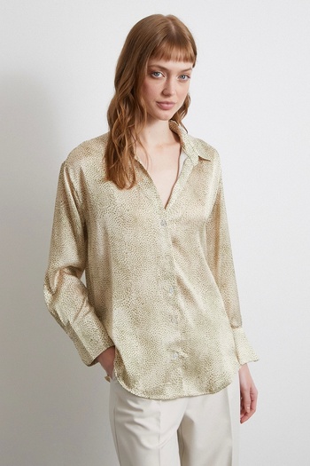 Never more Green V-Neck Patterned Satin Shirt