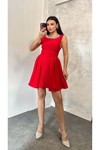 Appleline Stone Pendant Waist Midi Length Casual Dress Red