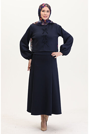 sefamerve Navy Blue Scuba Fabric Blouse Skirt Double Set 0021-01