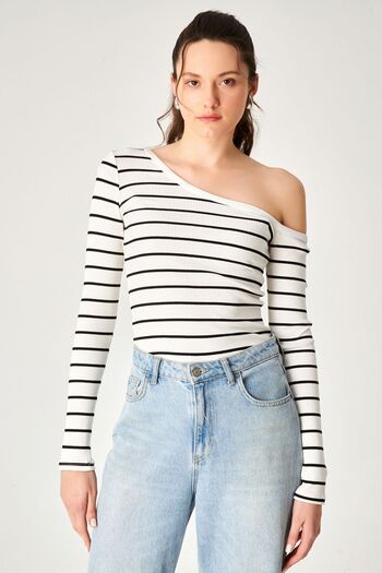 Kallisto Ecru Striped Camisole Asymmetric Collar Long Sleeve Blouse