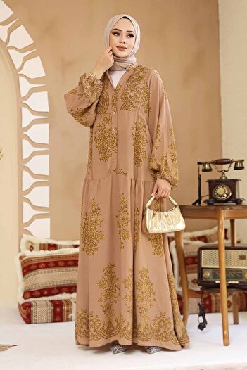 Neva Style Φόρεμα Hijab Camel με λουλούδια 18241C